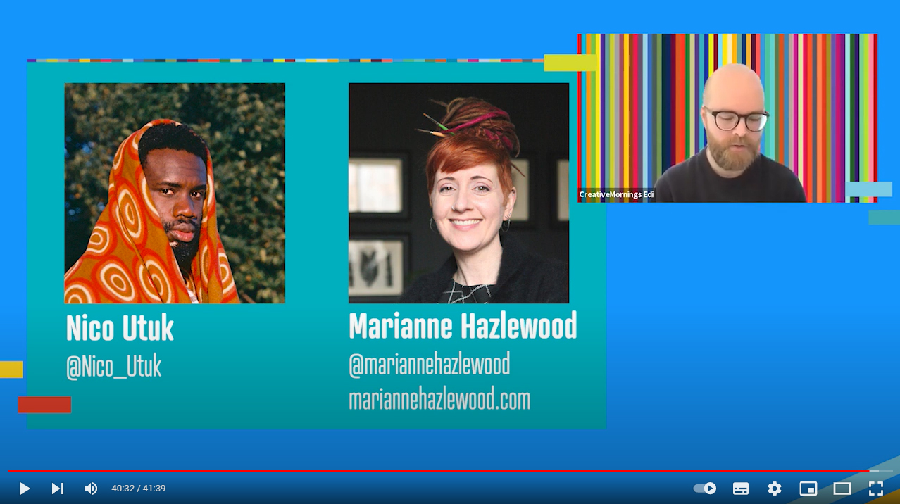 Nico Utuk and Marianne Hazlewood panel discussion at Creativemornings Edinburgh, Feb 21