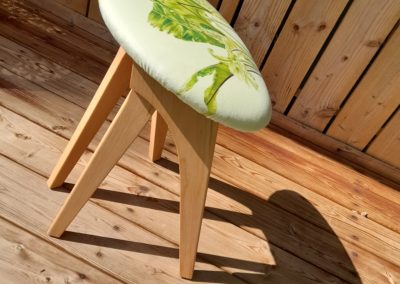 Harp stool upholstered by Sarah Shepherd with soft velvet fabric featuring digital print of Asplenium nidus watercolour painting by Marianne Hazlewood