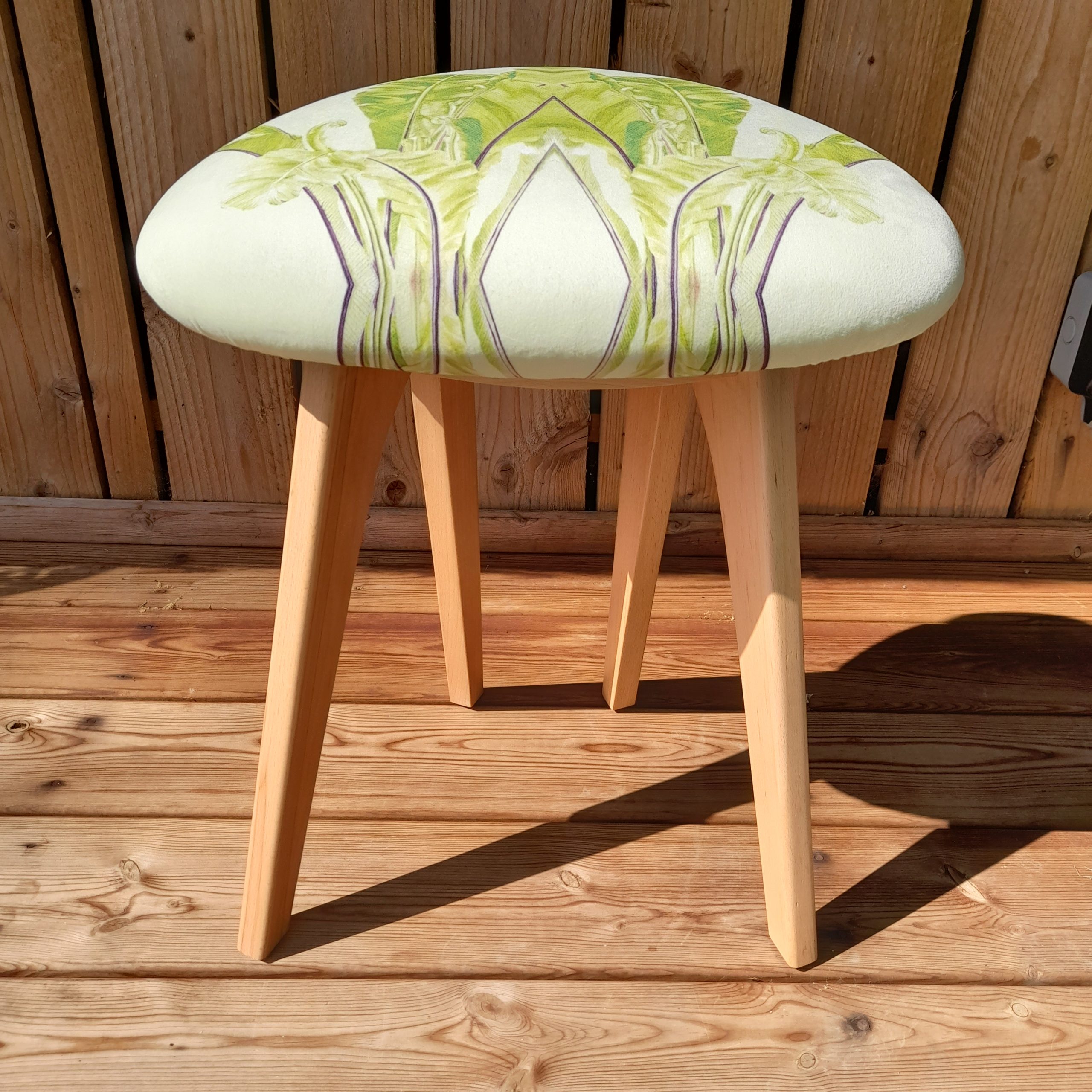 Harp stool upholstered by Sarah Shepherd with soft velvet fabric featuring digital print of Asplenium nidus watercolour painting by Marianne Hazlewood