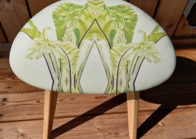 Harp stool upholstered by Sarah Shepherd with soft velvet fabric featuring digital print of Asplenium nidus watercolour painting by Marianne Hazlewood