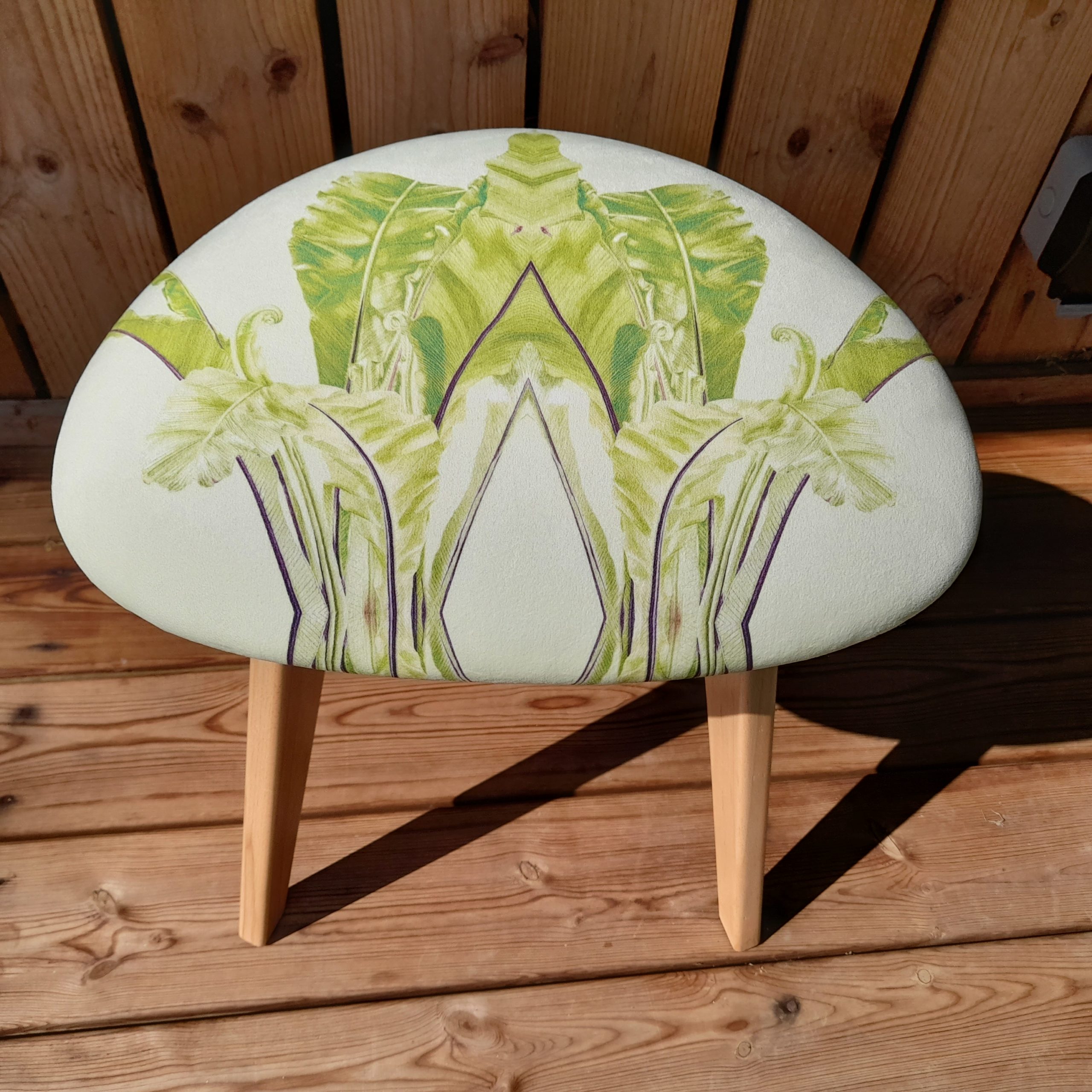 Harp stool upholstered by Sarah Shepherd with soft velvet fabric featuring digital print of Asplenium nidus watercolour painting by Marianne Hazlewood