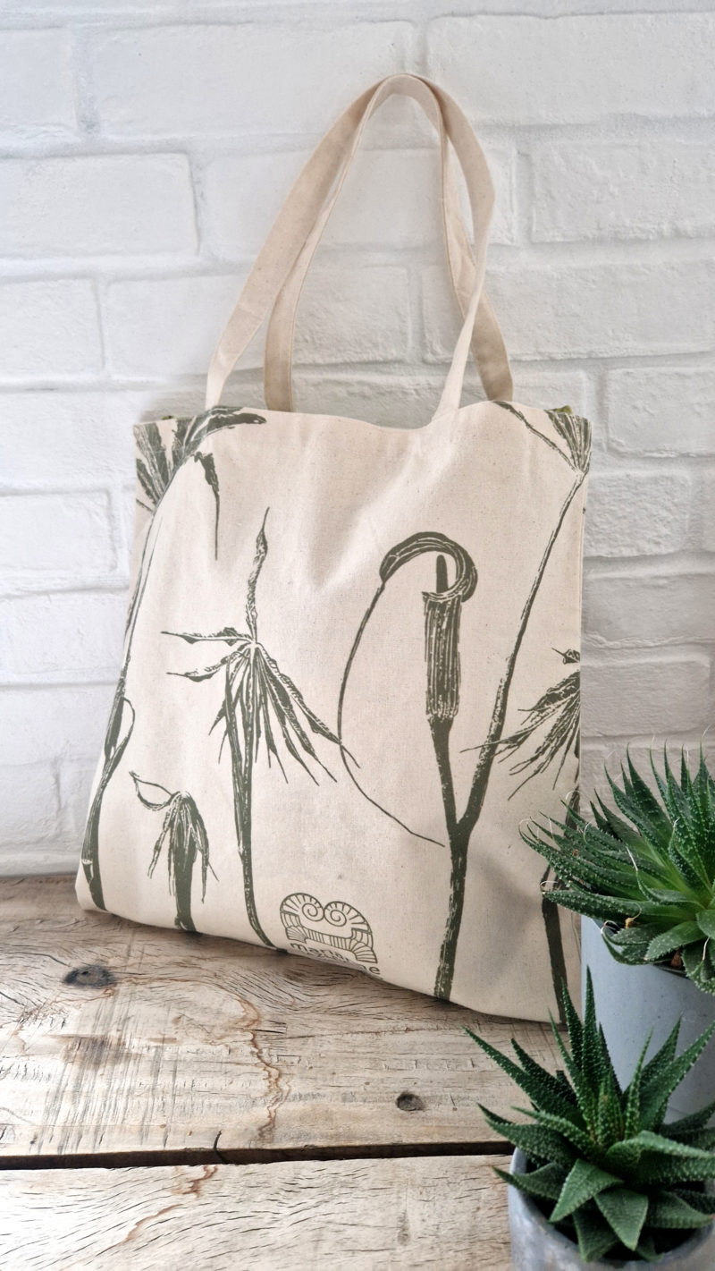 60% recycled cotton tote bag, side two, featuring Arisaema cilliatum taken from the original ink illustration by Marianne Hazlewood