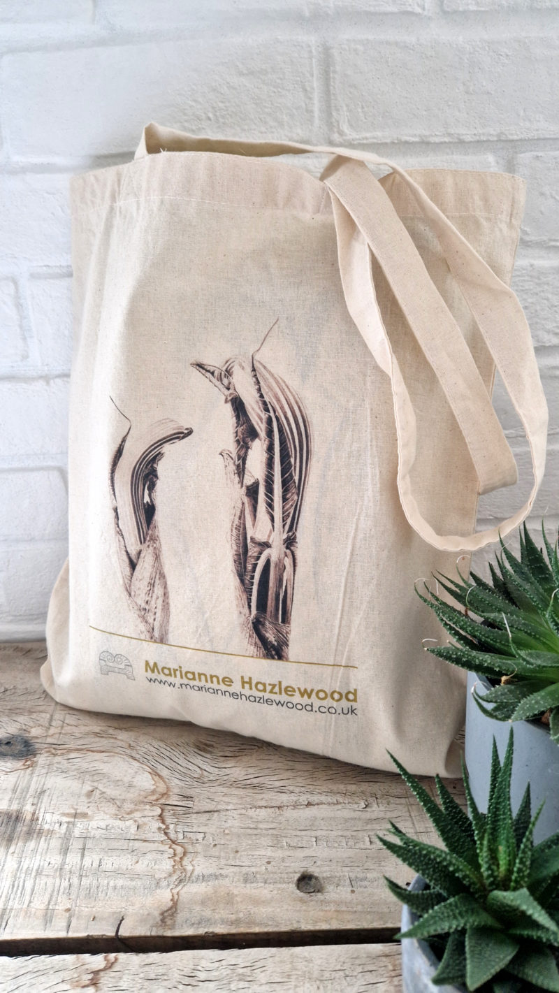 6oz natural cotton tote bag, side two, featuring Arisaema ringens taken from the original ink illustration by Marianne Hazlewood