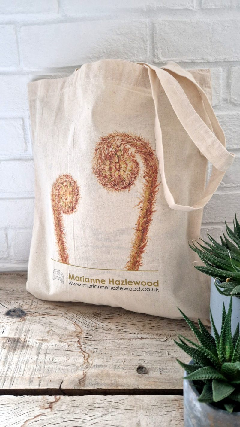 6oz natural cotton tote bag, side one, featuring Dryopteris affinis taken from the original watercolour painting by Marianne Hazlewood