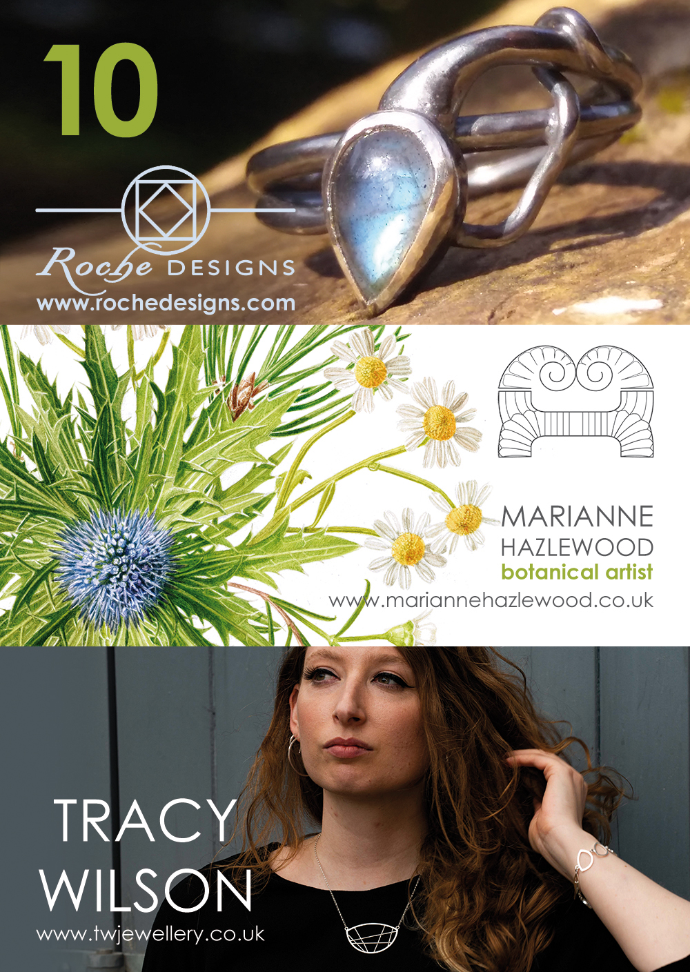 Poster for the 2023 Pittenweem Arts Festival - featuring - Roche Designs, www.rochedesigns.com, Silver ring with tear shaped gem stone, Marianne Hazlewood, botanical artist, www.mariannehazlewood.co.uk, bouquet watercolour painting featuring sea thistle, daisies and pine, Tracy Wilson, www.twjewellery.co.uk, contemporary silver pendant & link bracelet