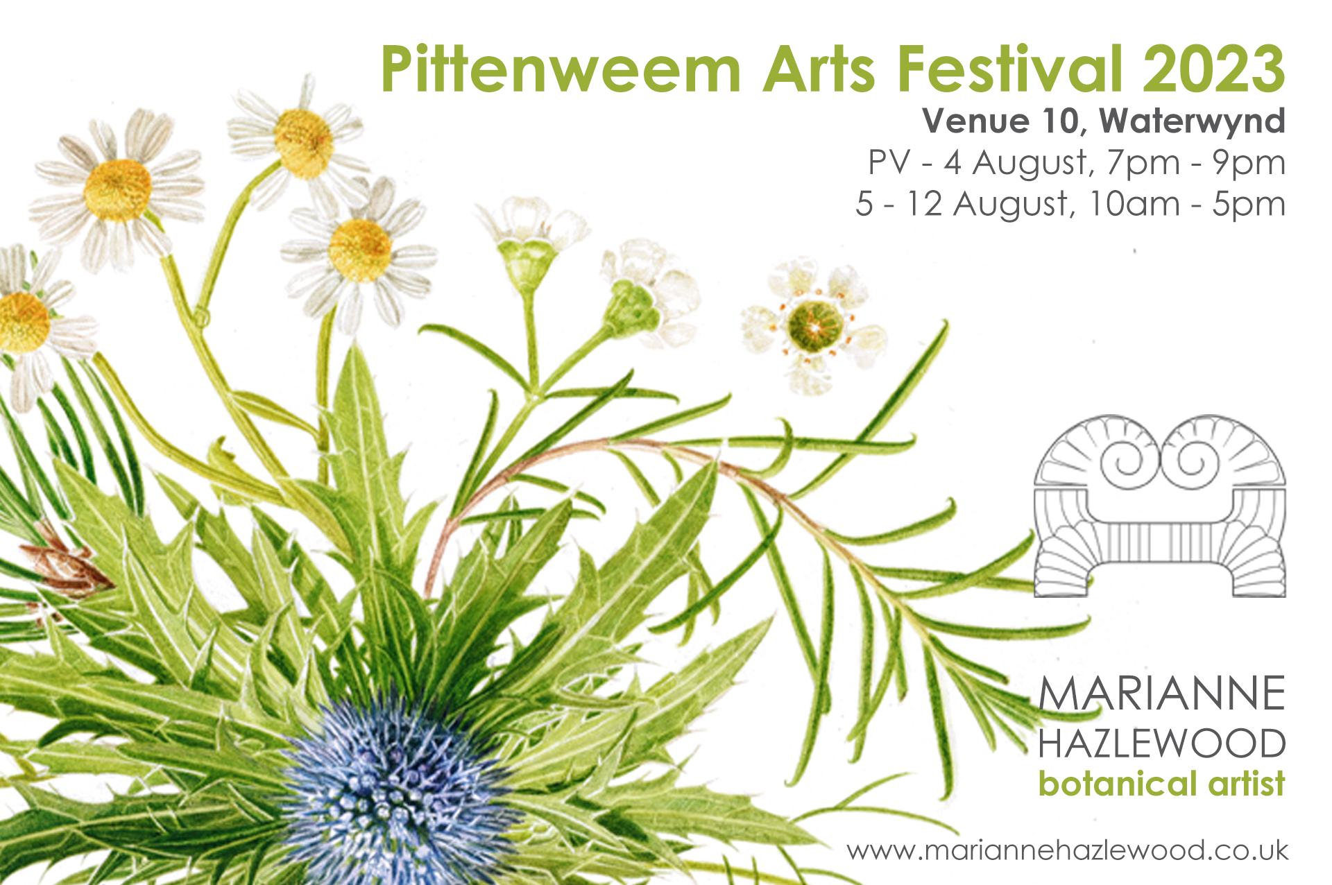 Pittenweem Arts Festival, Venue 10, PV 4th August 7pm - 9pm, 5th - 12th August, 10am - 5pm, Marianne Hazlewood, botanical artist, www,mariannehazlewood.co.uk, bouquet watercolour painting featuring sea thistle, daisies and pine