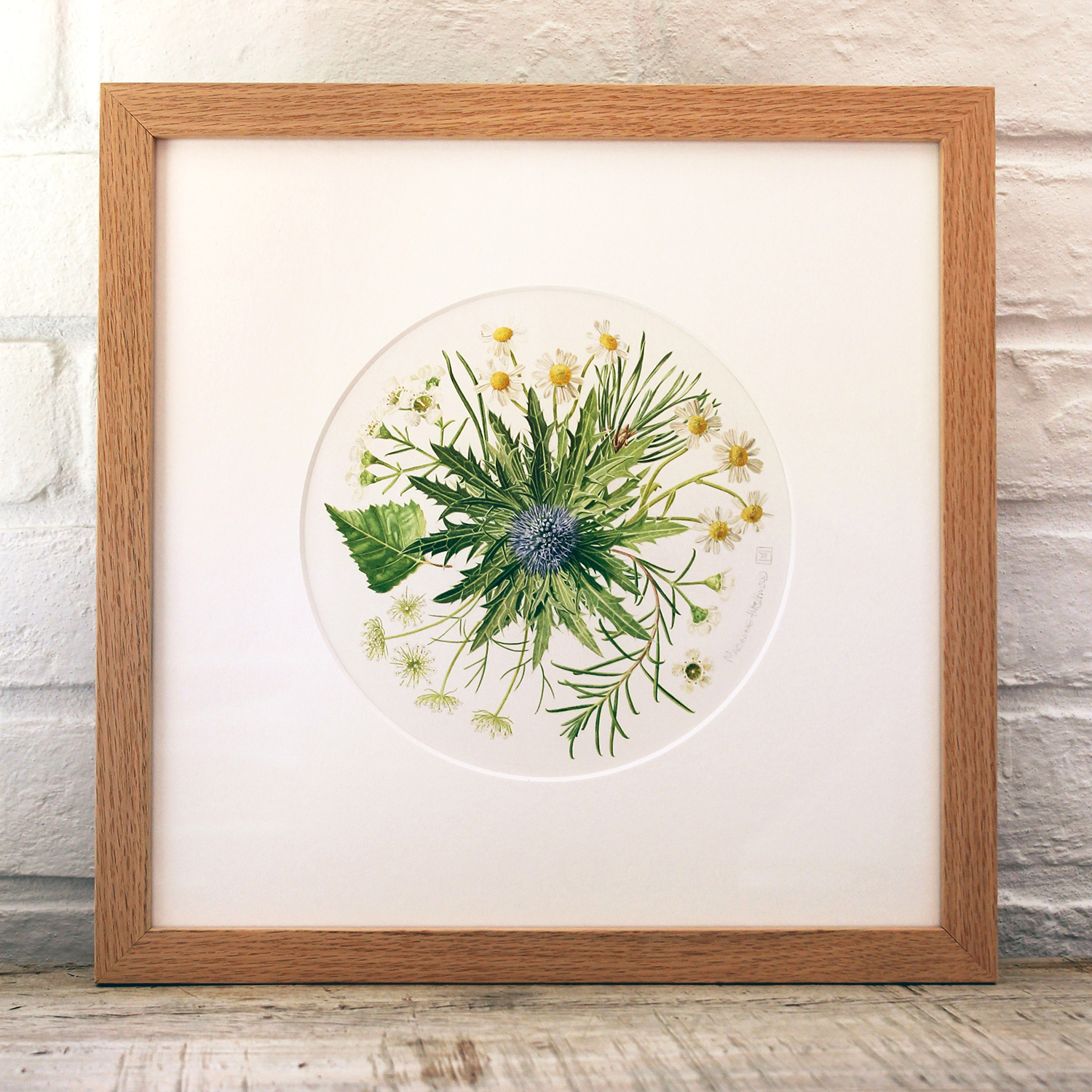 Bouquet - a framed watercolour painting, a commission based on a bridal bouquet, featuring daisies, wax flower, eryngium, pine, birch and ami by Marianne Hazlewood