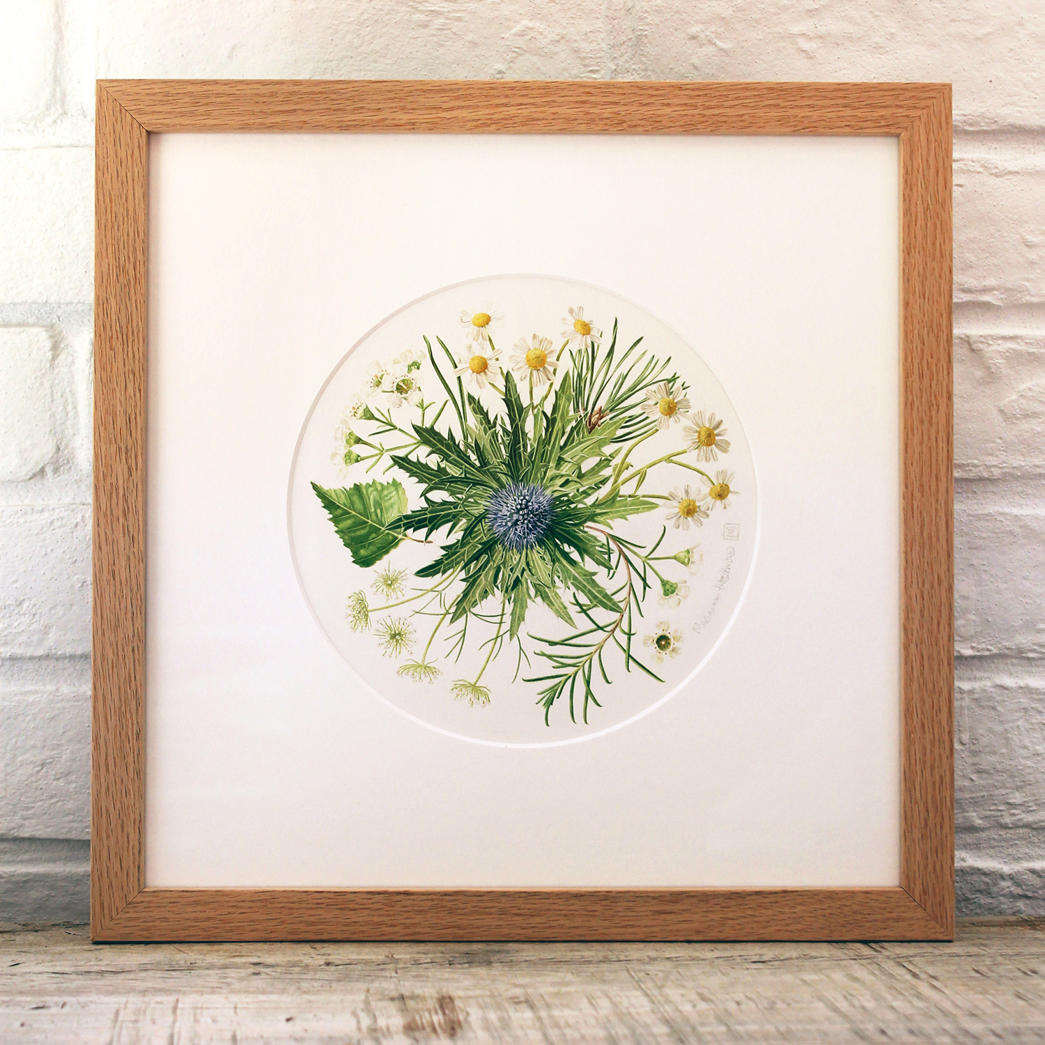 A4-Beths-bouquet-framed Bouquet - a framed watercolour painting, a commission based on a bridal bouquet, featuring daisies, wax flower, eryngium, pine, birch and ami by Marianne Hazlewood