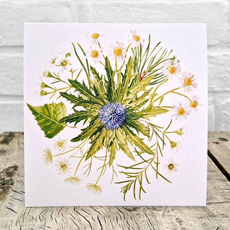 Bouquet greetings card, based on a watercolour painting, a commission based on a bridal bouquet, featuring daisies, wax flower, eryngium, pine, birch and ami by Marianne Hazlewood