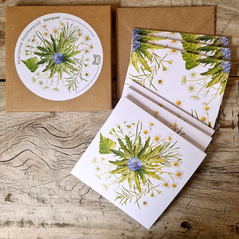 Bouquet Box set of six greetings cards - 3 of each card, based on a watercolour painting, a commission based on a bridal bouquet, featuring daisies, wax flower, eryngium, pine, birch and ami by Marianne Hazlewood