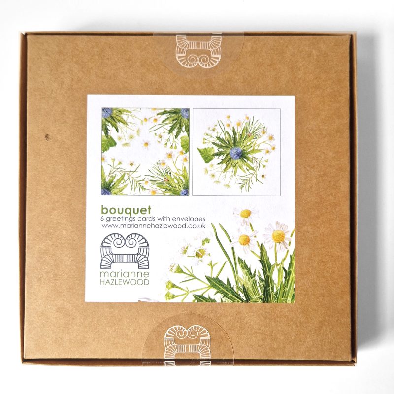 Bouquet Box set of six greetings cards - 3 of each card, based on a watercolour painting, a commission based on a bridal bouquet, featuring daisies, wax flower, eryngium, pine, birch and ami by Marianne Hazlewood