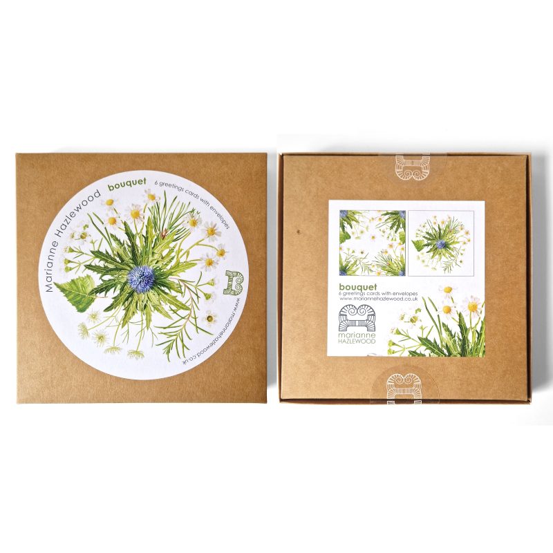 Bouquet Box set of six greetings cards - 3 of each card, based on a watercolour painting, a commission based on a bridal bouquet, featuring daisies, wax flower, eryngium, pine, birch and ami by Marianne Hazlewood