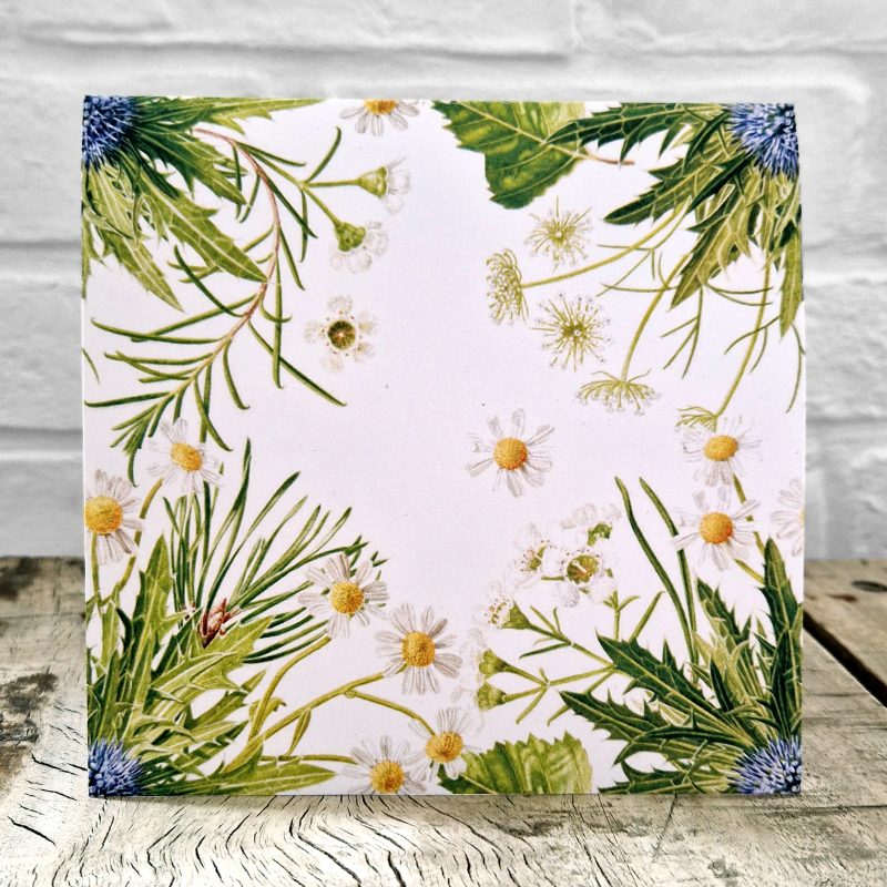 Bouquet corners greetings card, based on a watercolour painting, a commission based on a bridal bouquet, featuring daisies, wax flower, eryngium, pine, birch and ami by Marianne Hazlewood