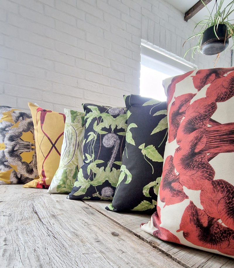 Cushions made with Marianne Hazlewood's fabric designs