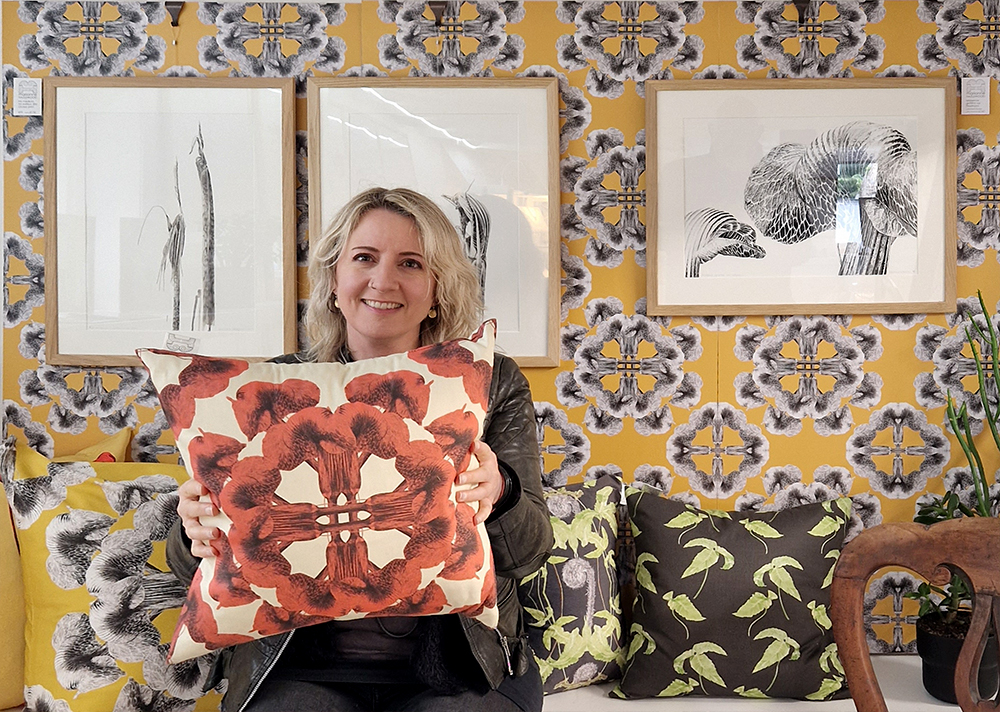 Marianne Hazlewood with her fabric designs