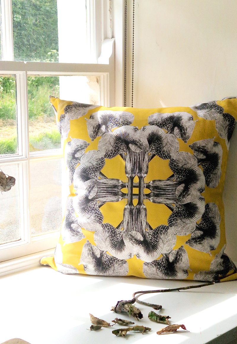 Large cushion - yellow mandala in the window at Fogo, based on an illustration of Arisaema griffithii var-pradhanii by Marianne Hazlewood