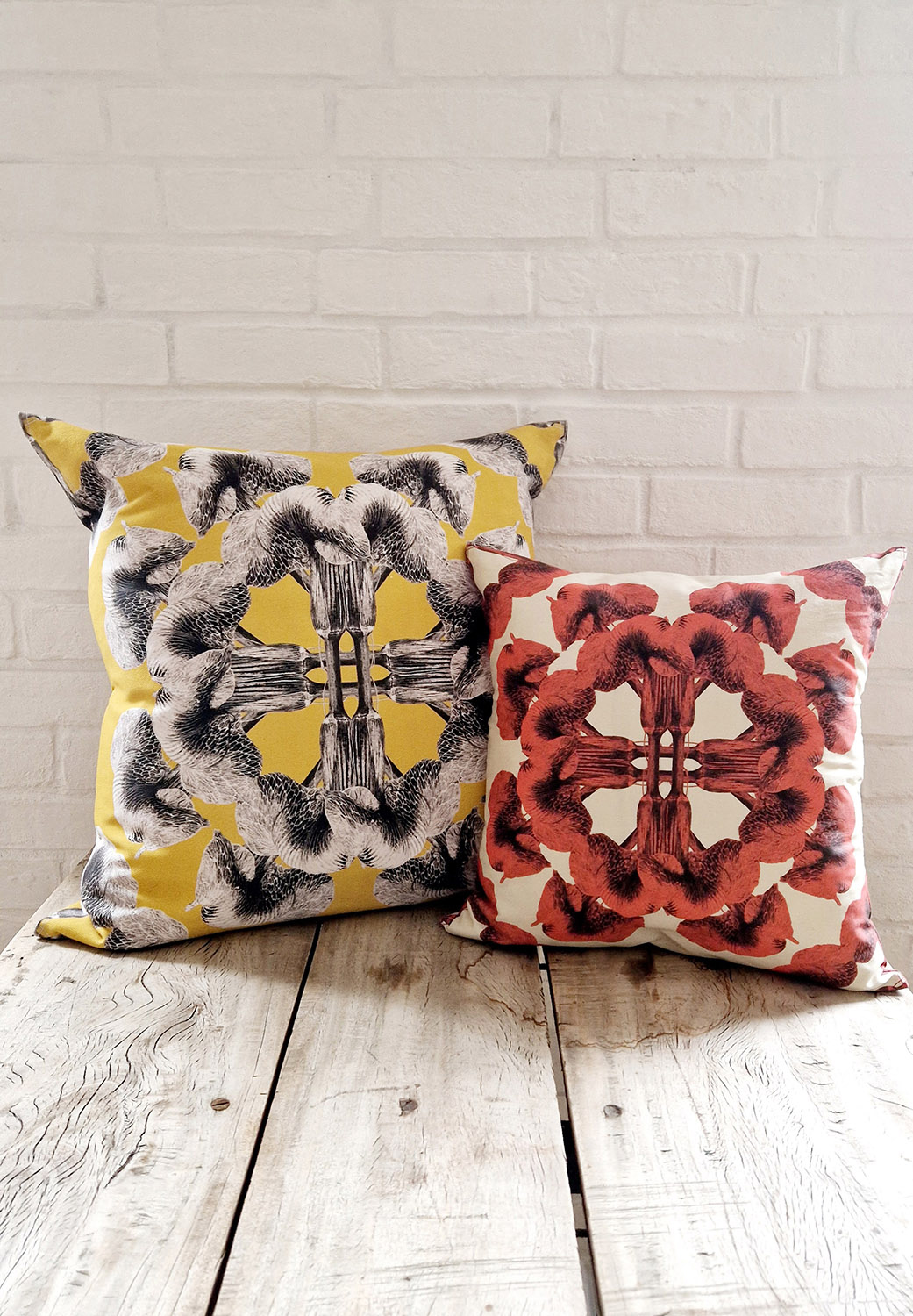 Large cushion - yellow mandala & small cushion red on creme based on an illustration of Arisaema griffithii var-pradhanii by Marianne Hazlewood