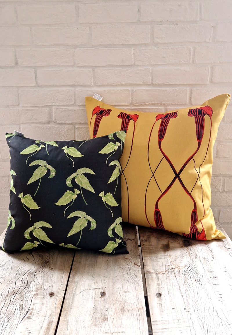 Cushion large XX Arisaema cilliatum based on an ink illustration by Marianne Hazlewood with the Small cushion in dark Dryopteris Sieboldii