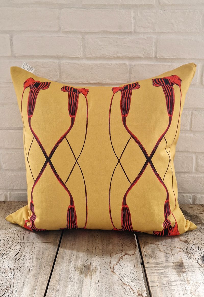 Cushion large XX Arisaema cilliatum based on an ink illustration by Marianne Hazlewood